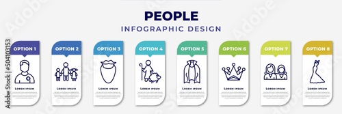 infographic template with icons and 8 options or steps. infographic for people concept. included pacient, father and children, facial hair, shepherd, cape, empress, friends, elegant editable vector.