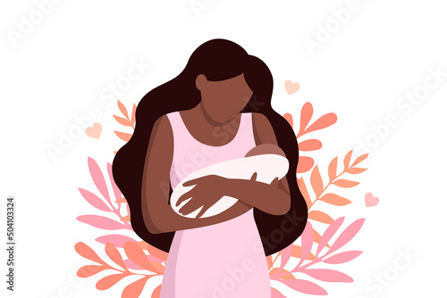 Happy african american mother holds her infant baby in her arms. Vector illustration of motherhood and care about kids © Oksana
