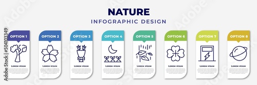infographic template with icons and 8 options or steps. infographic for nature concept. included american beech tree, japanese flower, flower bouquet, cultivation, leaf and drop, four leaf clover,
