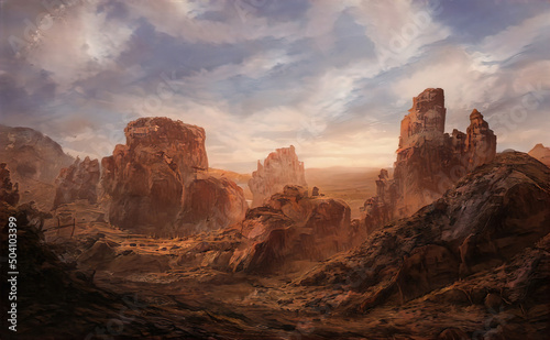 Canvas High desert mountains, rocky ridge valley