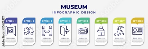 infographic template with icons and 8 options or steps. infographic for museum concept. included exhibition, butterfly, museum fencing, exit, museum ticket, information desk, geological, panel