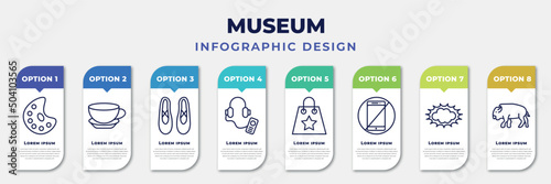 infographic template with icons and 8 options or steps. infographic for museum concept. included palette, cafe, ballet, audio guide, souvenir, no phone, pop art, buffalo editable vector.