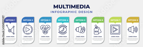 infographic template with icons and 8 options or steps. infographic for multimedia concept. included substance, play buttom, multimedia, rolling, speaker mute, seo tag, square play button, speakers