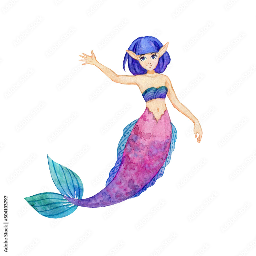 Friendly mermaid with blue hair and purple tail. Watercolor cartoon character isolated on white background. Print for t-shirt, apparel, posters, postcards, invitation cards, baby shower and interior. Friendly mermaid with blue hair and purple tail. Watercolor cartoon character isolated on white background. Print for t-shirt, apparel, posters, postcards, invitation cards, baby shower and interior.