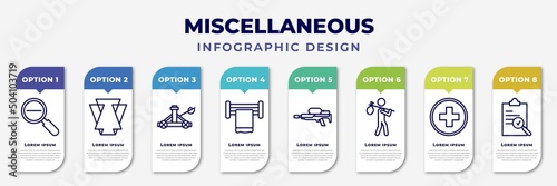infographic template with icons and 8 options or steps. infographic for miscellaneous concept. included diminish, abstract, catapult, towel rack, flame thrower, refugee, swiss, evaluate editable