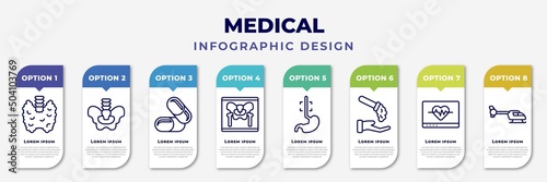 infographic template with icons and 8 options or steps. infographic for medical concept. included thyroid gland, pelvic area, medicine capsules, x ray of bones, esophagus, acid falling on hand,