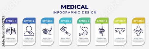 infographic template with icons and 8 options or steps. infographic for medical concept. included x ray, patient, eye drops, tooth brush, stoh, intestines, uterus, femur editable vector. photo