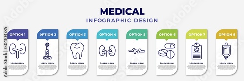 infographic template with icons and 8 options or steps. infographic for medical concept. included kidneys, electric toothbrush, tooth, kidney, lifeline, pill, medical history, iv editable vector.