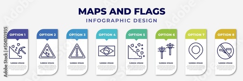 infographic template with icons and 8 options or steps. infographic for maps and flags concept. included mining work zone, land slide, caution, square flag, rock landslide safety, pole, locato, no