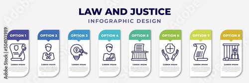 infographic template with icons and 8 options or steps. infographic for law and justice concept. included wills and trusts, advocate, intellectual property, accident injuries, stenographer,
