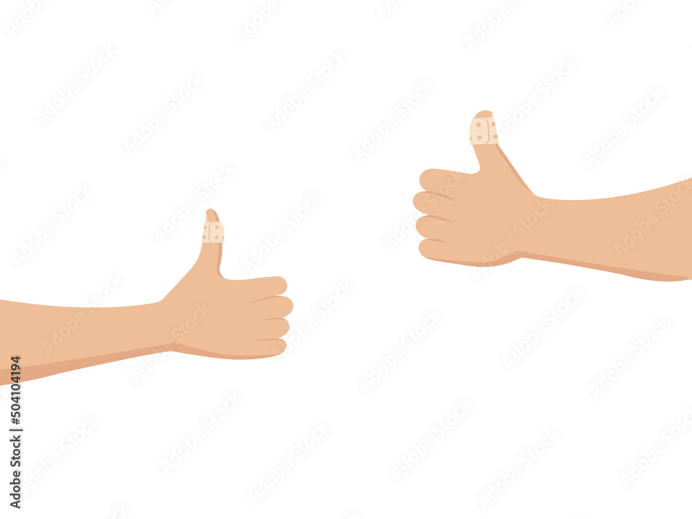 Thumbs up with an adhesive bandage. Positive gesture Thumbs up with an adhesive bandage. Positive gesture