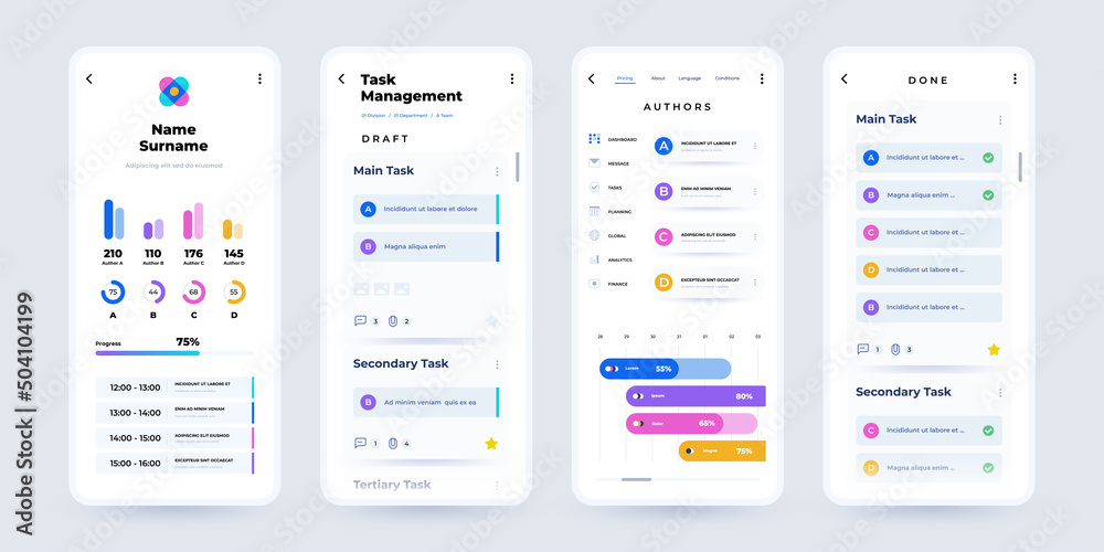 Phone planner app. Task manager and project schedule mobile application interface with task plan dashboard. Vector infographic design Phone planner app. Task manager and project schedule mobile application interface with task plan dashboard. Vector infographic design