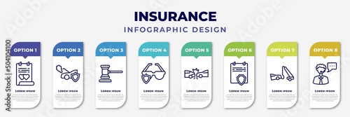infographic template with icons and 8 options or steps. infographic for insurance concept. included marriage contract, engine problems, legal expenses, glasses insurance, rear end collision,