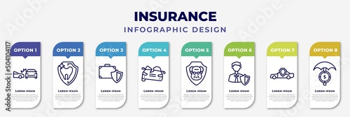 infographic template with icons and 8 options or steps. infographic for insurance concept. included side crash, dental insurance, luggage insurance, total loss, elderly, agent, car finances editable