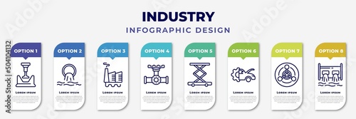 infographic template with icons and 8 options or steps. infographic for industry concept. included crusher, sewage, geothermal, pipes, lift, car mechanic, chemical weapon, hydro power generation