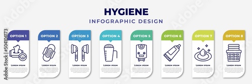 infographic template with icons and 8 options or steps. infographic for hygiene concept. included baby wipe, sanitary napkin, ear buds, detergent dose, water heater, tooth paste, purity, laundry
