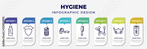 infographic template with icons and 8 options or steps. infographic for hygiene concept. included chlorine, beardy, toothpick, gel, primp, cotton swab, body odour, epilator editable vector.