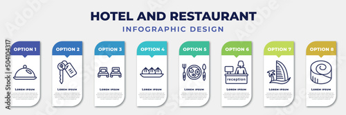 infographic template with icons and 8 options or steps. infographic for hotel and restaurant concept. included restaurant tray, room key, beds, dim sum, breakfast, receptionist, beach hotel,