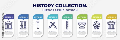 infographic template with icons and 8 options or steps. infographic for history collection. concept. included greek, columns, tool, swords, pillars, bowl, sphinx, museum editable vector.