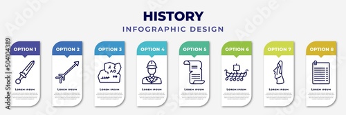 infographic template with icons and 8 options or steps. infographic for history concept. included sword, arrow, stone, policeman, old paper, viking ship, moais, editable vector.