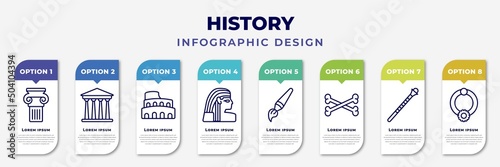 infographic template with icons and 8 options or steps. infographic for history concept. included , pantheon, colosseum, egypt, brushes, bones, staff, bracelet editable vector.