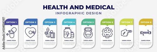 infographic template with icons and 8 options or steps. infographic for health and medical concept. included antibiotics, beat, sphygmomanometer, proteins, kettlebell, bio, injury, chest expander