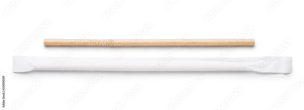 Paper drinking straw and the same straw in a white individual packaging on white background - obrazy, fototapety, plakaty 