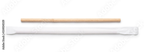 Paper drinking straw and the same straw in a white individual packaging on white background