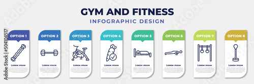 infographic template with icons and 8 options or steps. infographic for gym and fitness concept. included sport expander, dumbbells exercise, riding bicycle, good diet, sleep, pushups exercises,