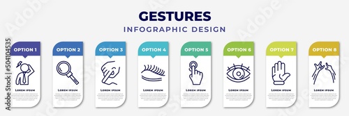 infographic template with icons and 8 options or steps. infographic for gestures concept. included dubious, look up, smudge, eyelash, pressing, watch dark eye, hand up, hands up editable vector.