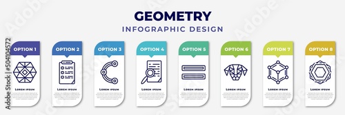 infographic template with icons and 8 options or steps. infographic for geometry concept. included polygonal ornament, properties, spline, preview, parallel, polygonal dog, metatron cube, fillet