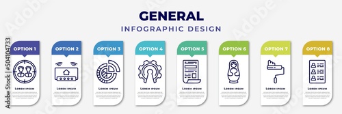 infographic template with icons and 8 options or steps. infographic for general concept. included team target, smart home hub, market share, open source, news feed, matryoshka, painting work,