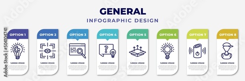 infographic template with icons and 8 options or steps. infographic for general concept. included realization, trackability, sem, quiz, product release, inspiration, smart speaker, teenager editable