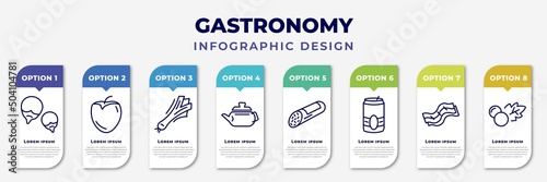 infographic template with icons and 8 options or steps. infographic for gastronomy concept. included corncob, persimmon, leek, teapot, salami, beer can, bacon, mustard editable vector.