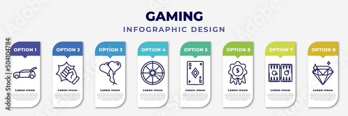 infographic template with icons and 8 options or steps. infographic for gaming concept. included trunk open, actions, balloon hearts, trivial, queen of diamonds, money award, backgammon, diamonf
