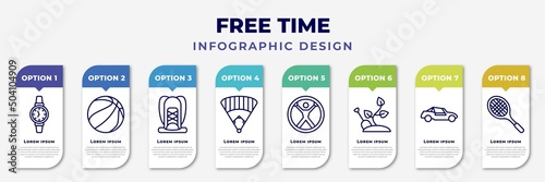 infographic template with icons and 8 options or steps. infographic for free time concept. included watches, sports, hiking, baseball field, zorbing, gardening, buggy, tennis racket editable vector.