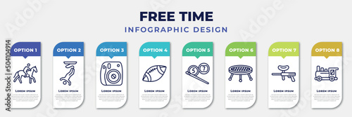 infographic template with icons and 8 options or steps. infographic for free time concept. included riding, bungee jumping, instant camera, rugby ball, billiard, jumping, paintball, toy train