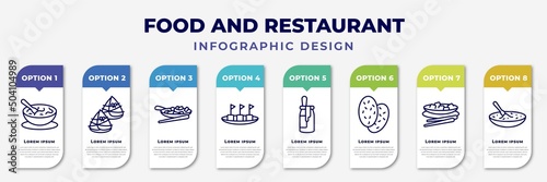 infographic template with icons and 8 options or steps. infographic for food and restaurant concept. included sour soup, zongzi, buddhas delight, maria mole, dulce de leche, shaobing, kung pao