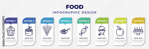 infographic template with icons and 8 options or steps. infographic for food concept. included zombie muffin, fruit cake, goiabinha, sushi dish, toffee, cooking on the, fruit, dish and toothpick