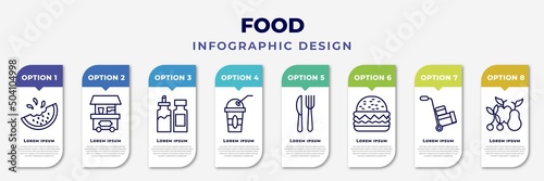 infographic template with icons and 8 options or steps. infographic for food concept. included melon slice, popcorn shop, condiments, plastic drinking cup, knife and fork, give a burger, mover,