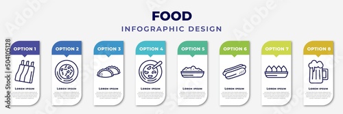 infographic template with icons and 8 options or steps. infographic for food concept. included ribs, snow fungus soup, dumpling, red bean soup, risotto, hotdog and bread, fried tofu curd balls,