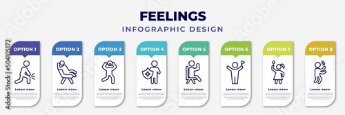 infographic template with icons and 8 options or steps. infographic for feelings concept. included sore human, comfortable human, surprised human, safe satisfied accomplished pretty blah editable