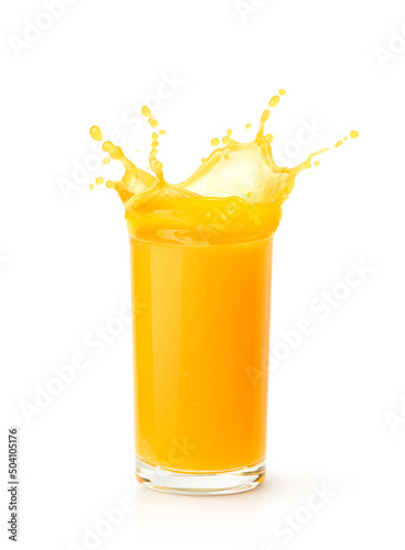 Glass of orange juice splash isolated on white background.