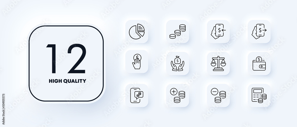 Money set icon. Chart, pennies, income, salary, scales, wallet, loss, calculator, etc. Career concept. Neomorphism style. Vector line icon for Business and Advertising Money set icon. Chart, pennies, income, salary, scales, wallet, loss, calculator, etc. Career concept. Neomorphism style. Vector line icon for Business and Advertising