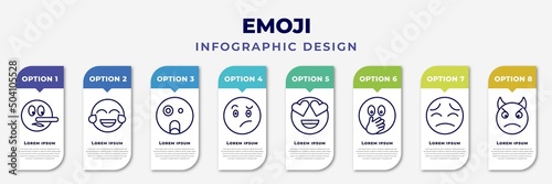 infographic template with icons and 8 options or steps. infographic for emoji concept. included liar emoji, laugh emoji, shocked confused in love hand over mouth pensive angry with horns editable