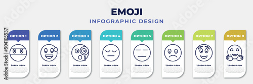 infographic template with icons and 8 options or steps. infographic for emoji concept. included ninja emoji, sweating emoji, curious tired expressionless slightly frowning excited hugging editable