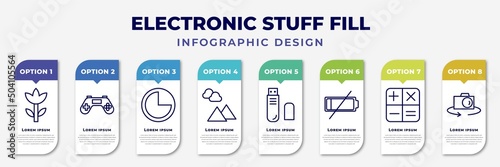 infographic template with icons and 8 options or steps. infographic for electronic stuff fill concept. included ro, joypad, three quarters, landscape photo, pen drive, low battery, calculating, flip