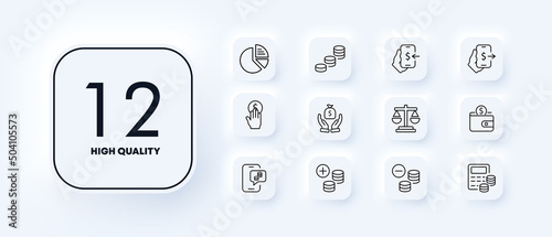 Money set icon. Chart, pennies, income, salary, scales, wallet, loss, calculator, etc. Career concept. Neomorphism style. Vector line icon for Business and Advertising