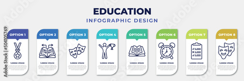 infographic template with icons and 8 options or steps. infographic for education concept. included medallion, data funnelling, drama, man with trophy, opened, wake up, as, comedy mask editable