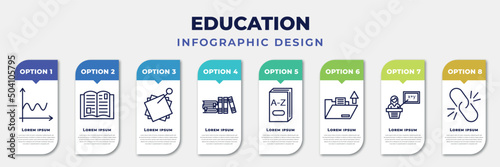 infographic template with icons and 8 options or steps. infographic for education concept. included sinusoid, reading an open book, sticky note, library books, 3d dictionary, open file, teacher